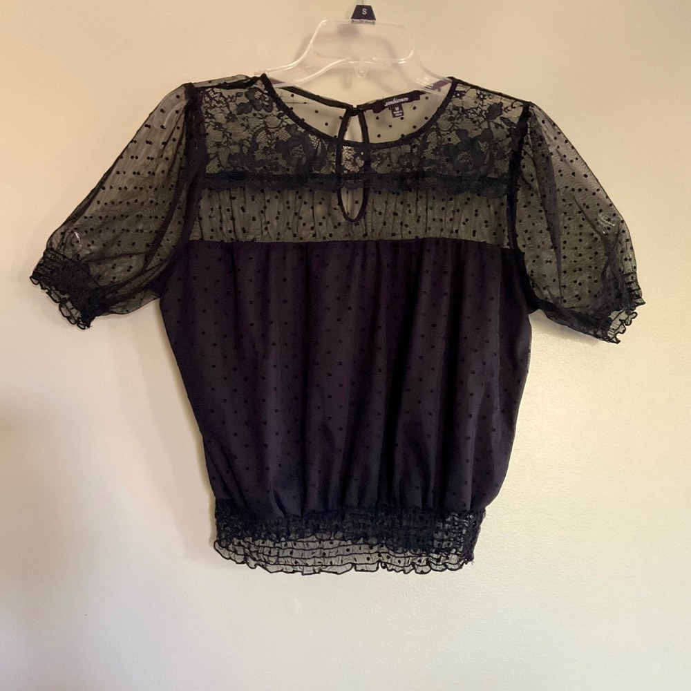 Ambiance Swiss Dot Mesh Lace Trim Smocked Waist Top Puff Sleeve M Dark Romantic